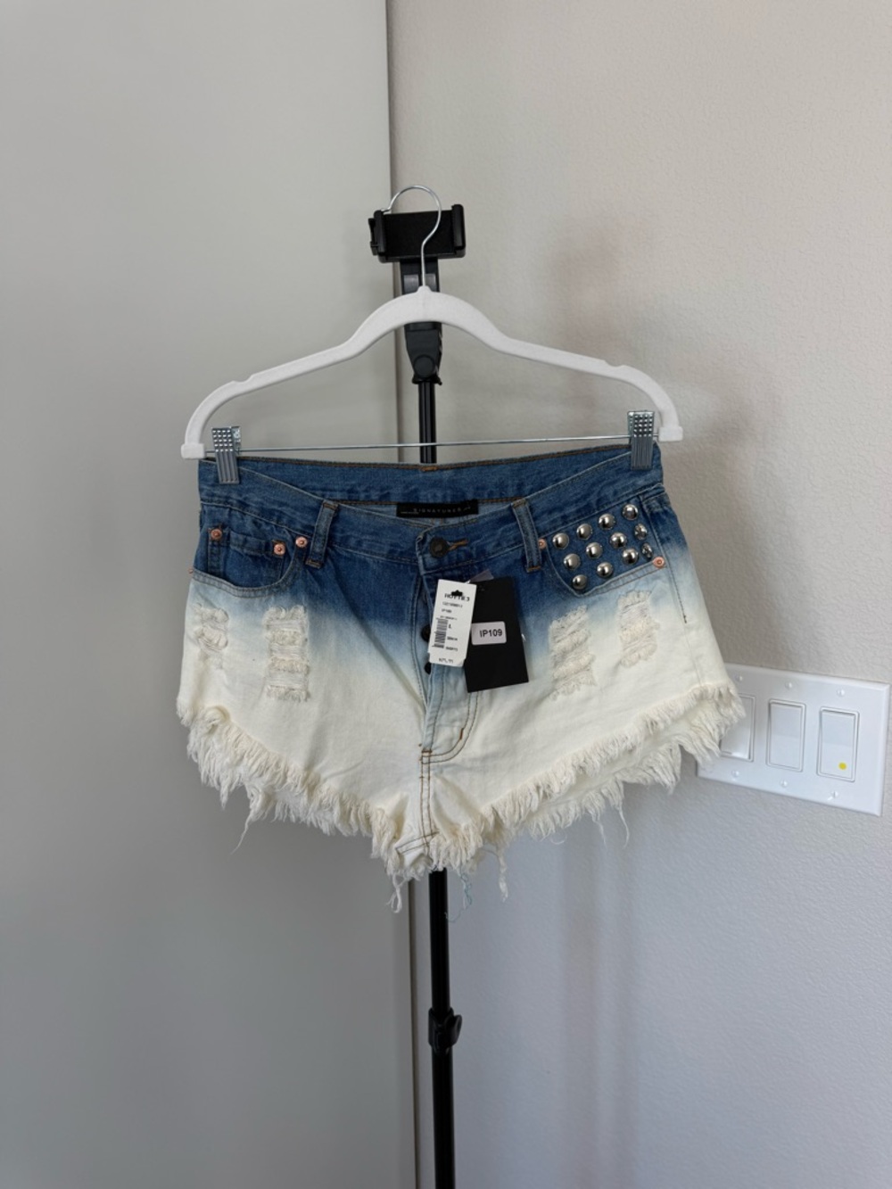 Studded Ombre Denim Shorts - Blue to White